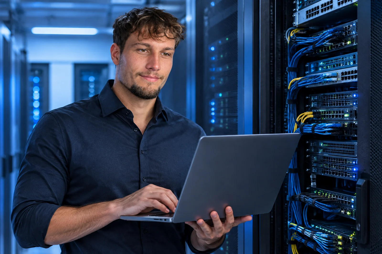 Adrian Groth im Serverraum am Netzwerkschrank