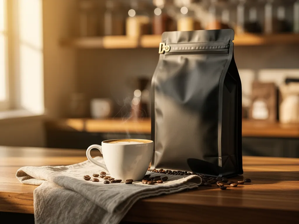 KI-generiertes Produktfoto: schwarzer Kaffeebeutel mit Espressotasse auf einer Holztheke im Morgenlicht