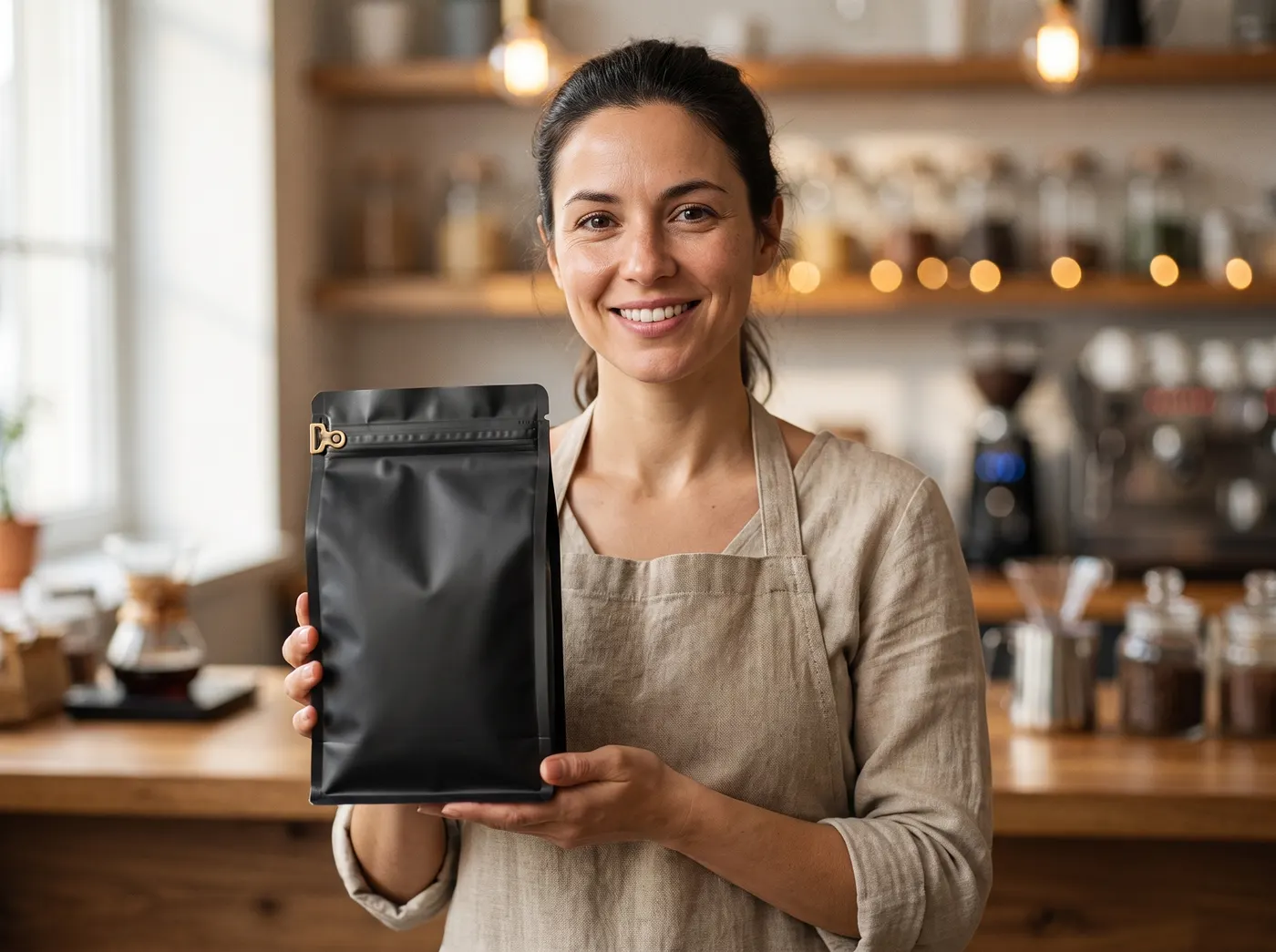 Barista mit Leinenschürze hält den schwarzen Kaffeebeutel aus der Serie mit beiden Händen vor sich und lächelt