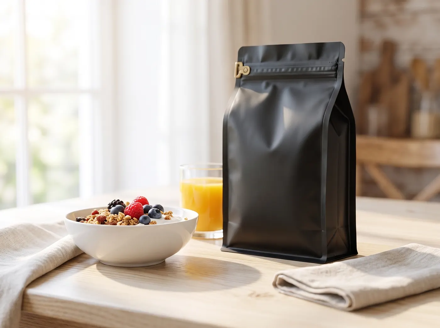 Derselbe Kaffeebeutel auf einem hellen Frühstückstisch neben Müslischale und Orangensaft