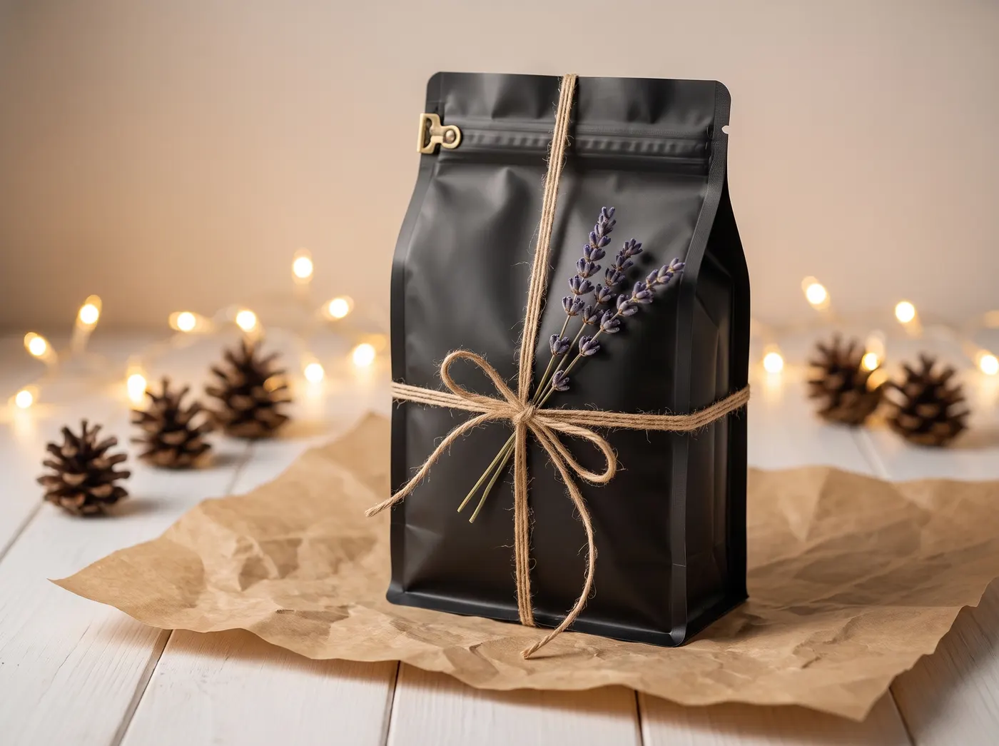 Derselbe Kaffeebeutel mit Juteband und Lavendelzweig als Geschenk auf Packpapier