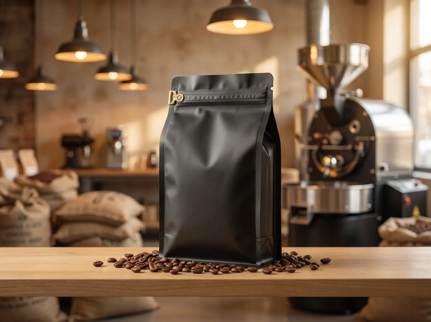 Derselbe Kaffeebeutel auf einem Holzregal in einer Kaffeerösterei mit Röstmaschine im Hintergrund