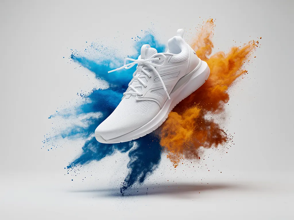 Weißer Sneaker schwebt vor Wolken aus blauem und orangefarbenem Farbpulver
