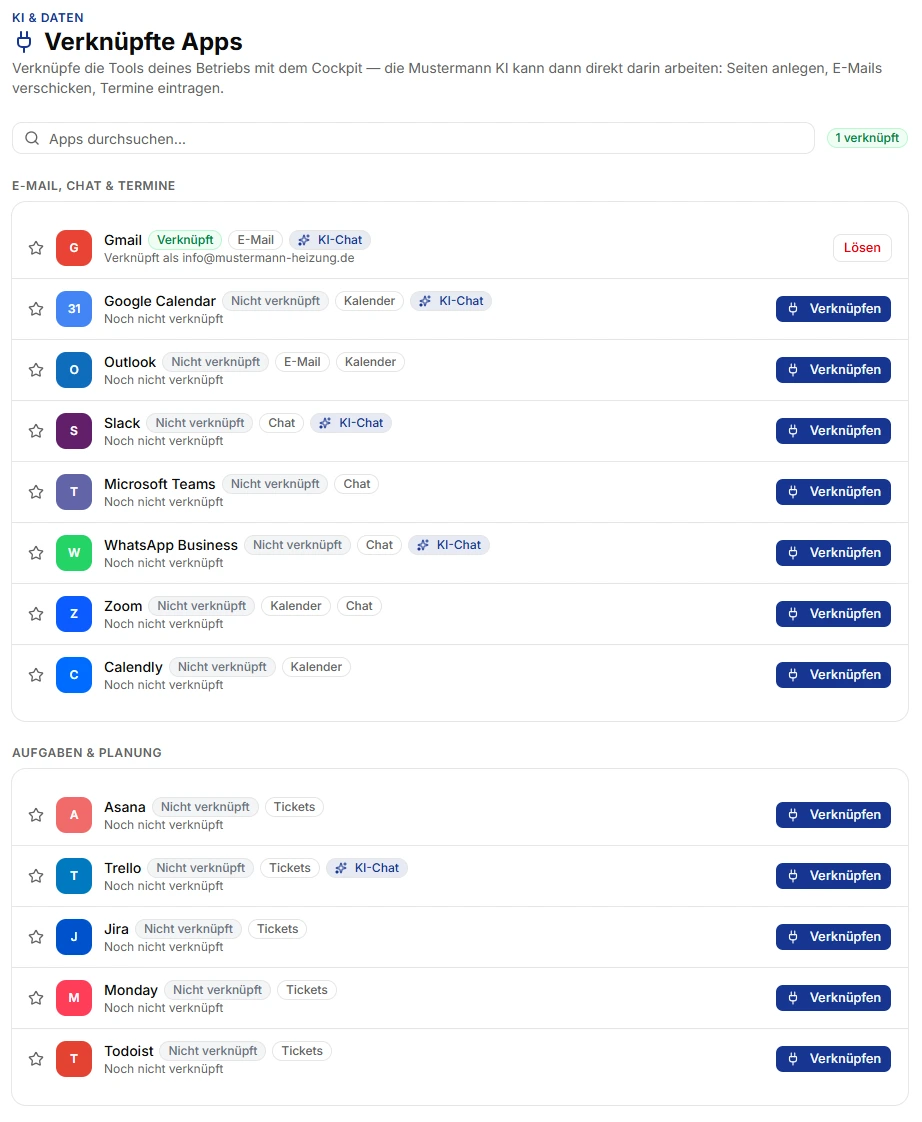 Liste verknüpfbarer Programme wie E-Mail, Kalender und Chat mit Schaltflächen zum Verbinden