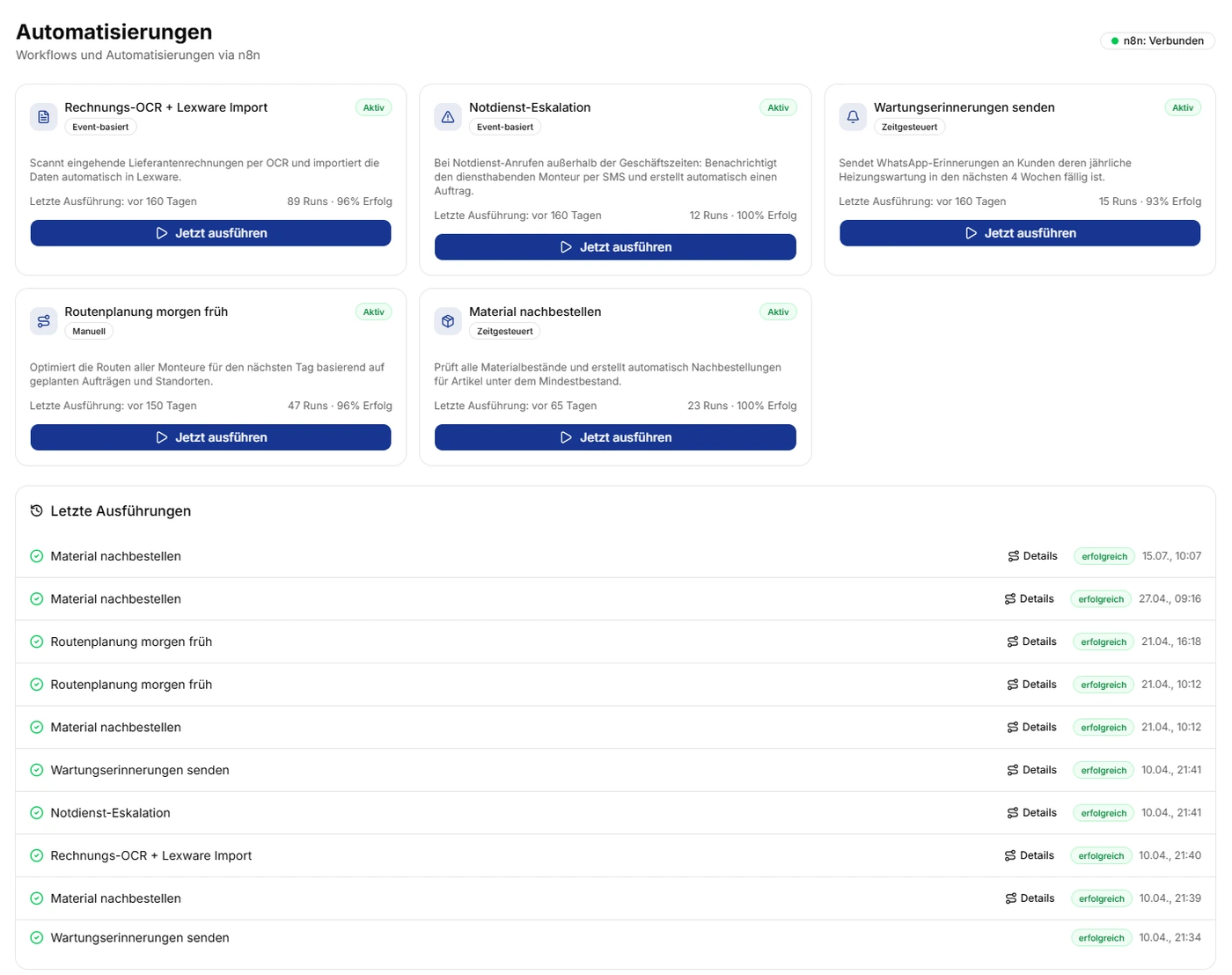Automatisierungen des Demo-Cockpits: Karten für Rechnungs-OCR, Notdienst-Eskalation, Wartungserinnerungen, Routenplanung und Materialnachbestellung mit Status und letzten Ausführungen