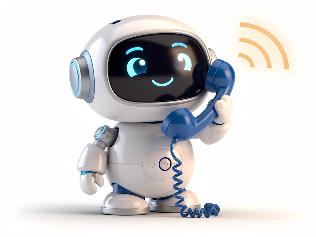 Freundlicher Roboter hält einen Telefonhörer ans Ohr, daneben eine Schallwelle: Sinnbild für den KI-Telefonassistenten